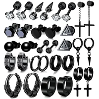1-16 Pairs Men's Black Earrings and Ear Stud Kit Stainless Steel Fashion Piercing Jewelry Cross Dangle Hoop Earrings Set 1