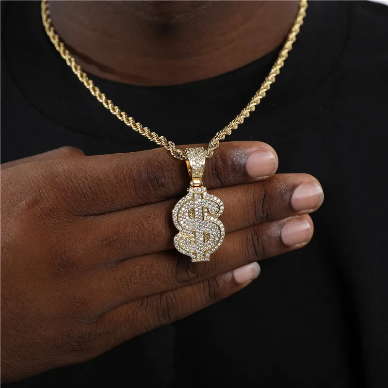 Luxury Dollar Pendant Necklaces Men Hip Hop Jewelry Gold Long Chain Big Necklace Steampunk Cubic Zircon Statement Gift