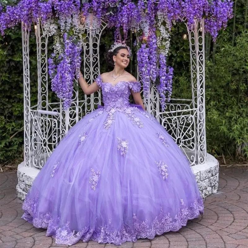 Purple Quinceanera Dress Ball Gown Applique Tulle Puffy 3D Floral Sweet 16 Girl Princess Birthday PageantEvening Dress