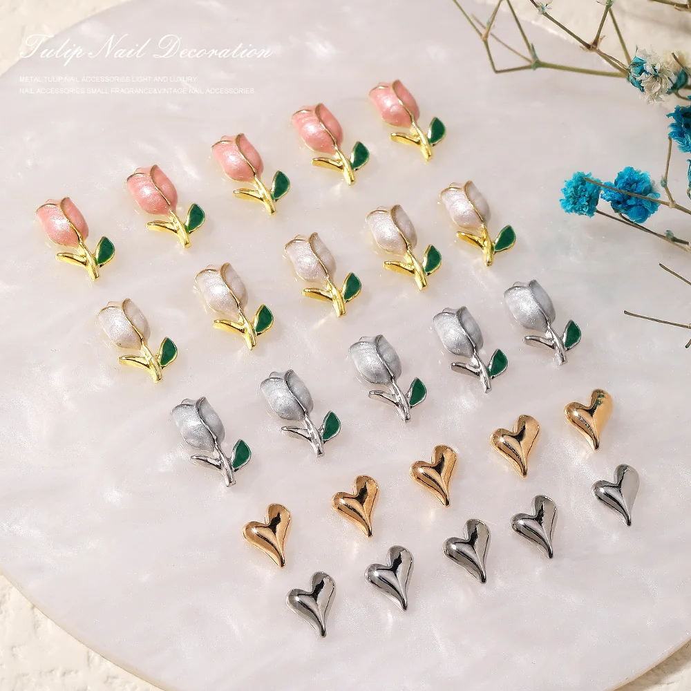 

10pcs Charm Tulip Nail Art Accessories Metal Texture Love Light Luxury Wind Drop Oil Rose Flower Nail Accessories