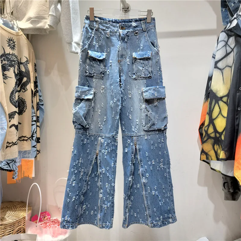 

Женские джинсовые брюки 2023, Осенние рваные широкие джинсы с высокой талией, модные Универсальные Свободные повседневные длинные джинсовые брюки, новинка