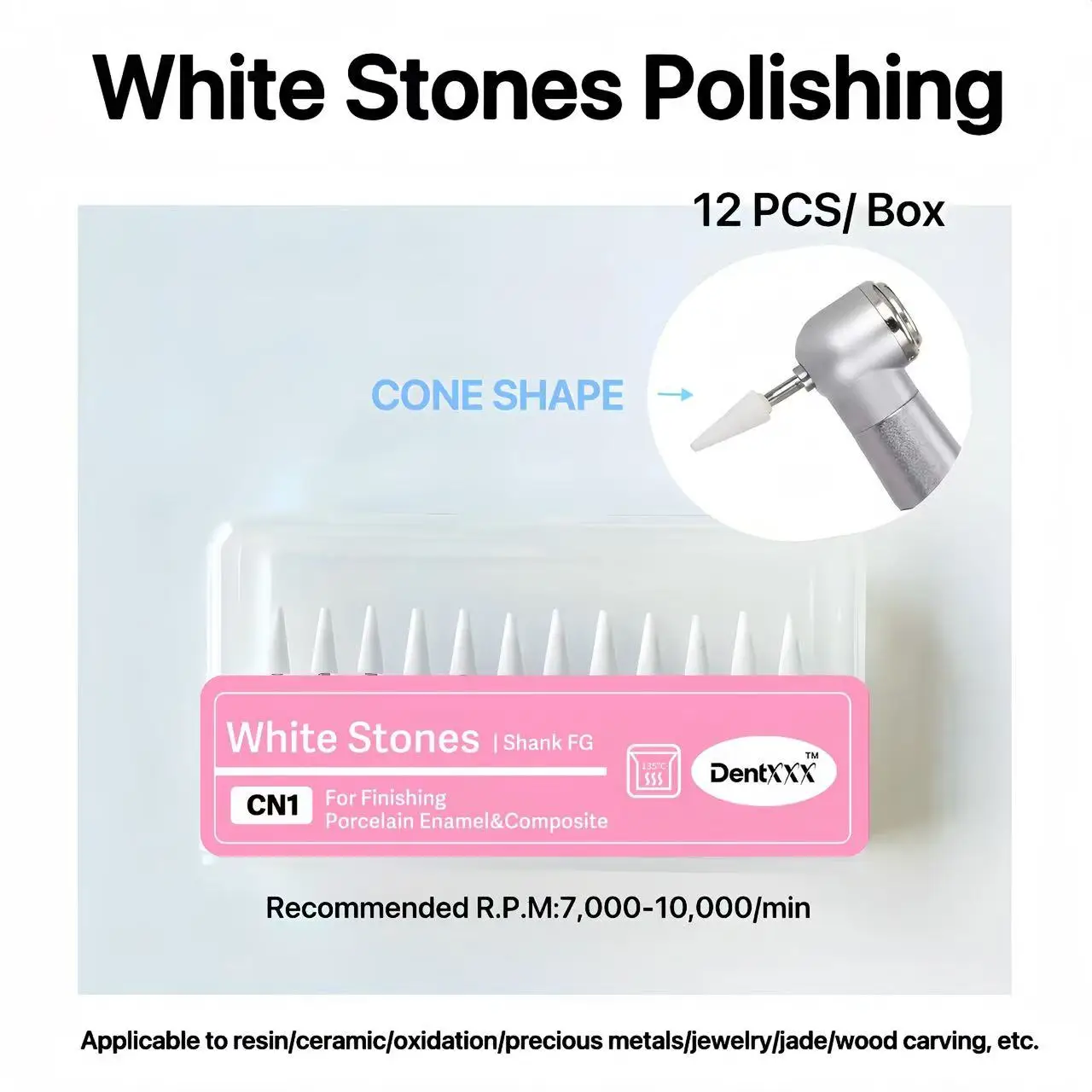 12Pcs/Box White Stone Polishing Fg Burs, Polishing Kit, Cone/Flame/Round Shape Abrasion Bur Suitable for High Speed Tools 1.6Mm