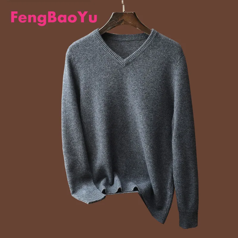 

Fengbaoyu 100% Cashmere Sweater Men's V-neck Thick All-matching Autumn Winter Pure Color Sheep Sweater Simple Youth Fashion Top