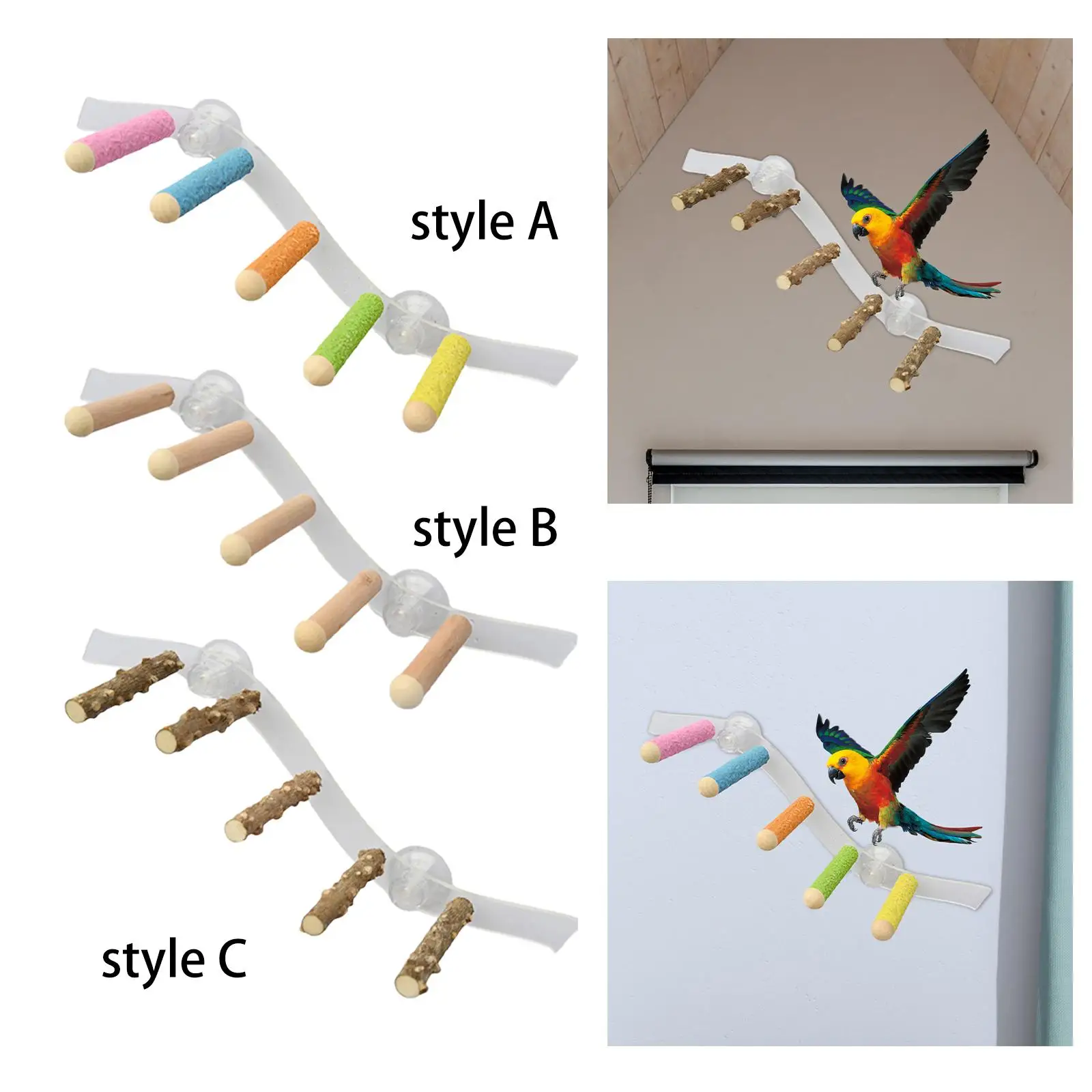Suction Cup Wood Perch Toy Cage Accessories Ladder Parrot Perch Stand for Cockatiel Hummingbird Bluebirds Parakeet Budgie