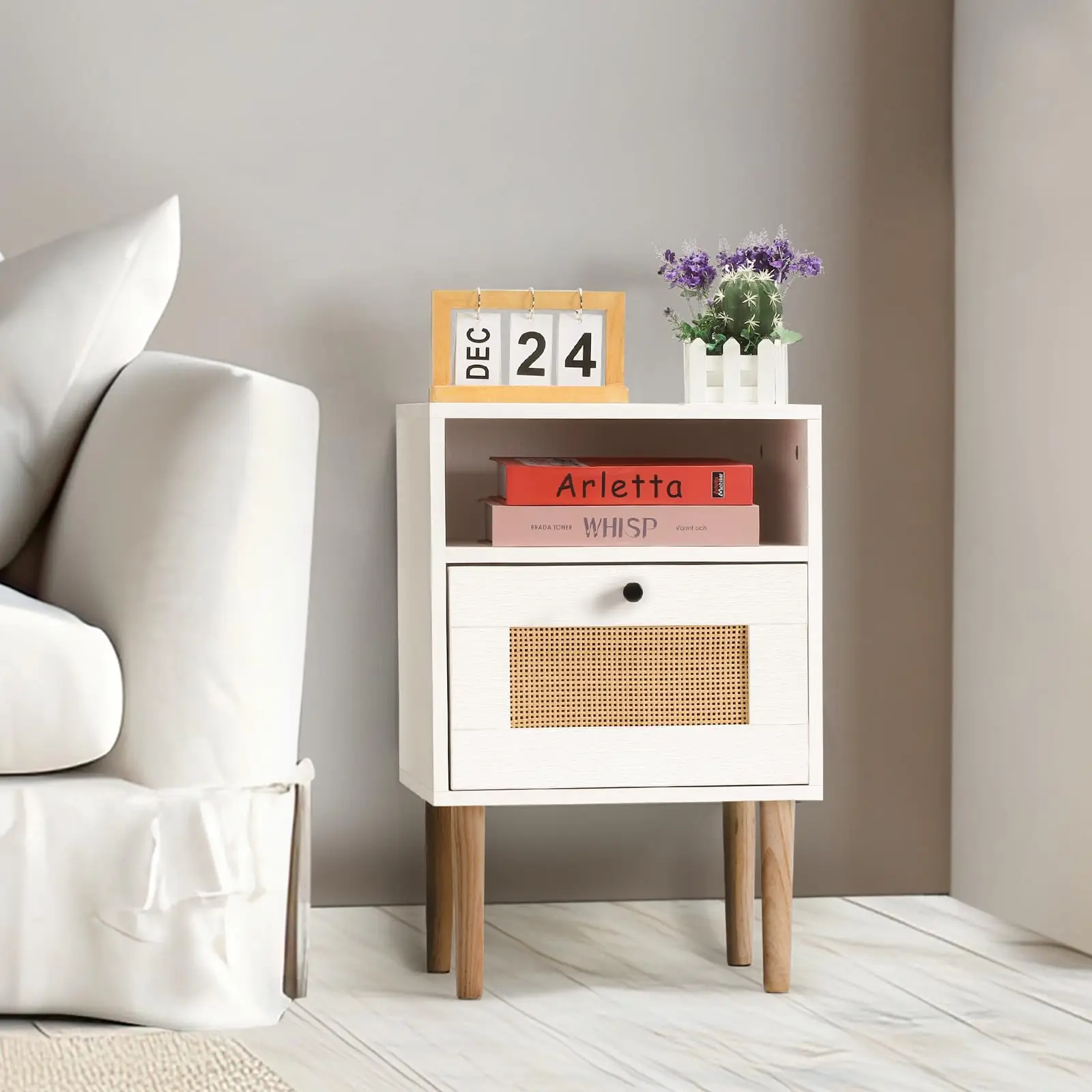 Modern Bedside Table with Rattan Drawer, Bed Side Table with Storage Shelf & Solid Wood Feet, End