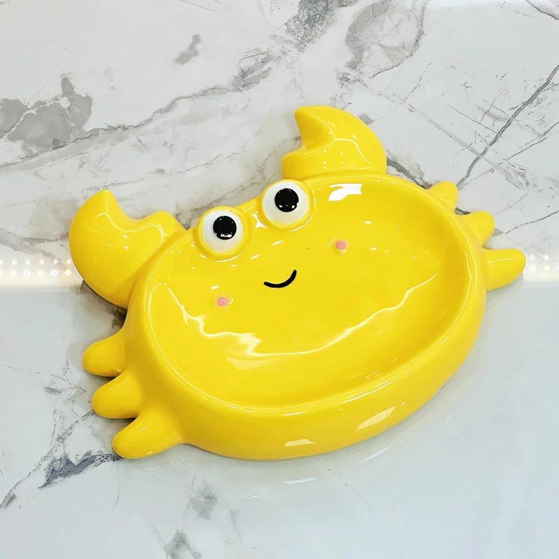 Ceramic Cute Soap Box Light luxury Cartoon Crab Shaped Soap Dish, Household Bathroom Kitchen Supplies Bathroom Storage Rack, 1Pc