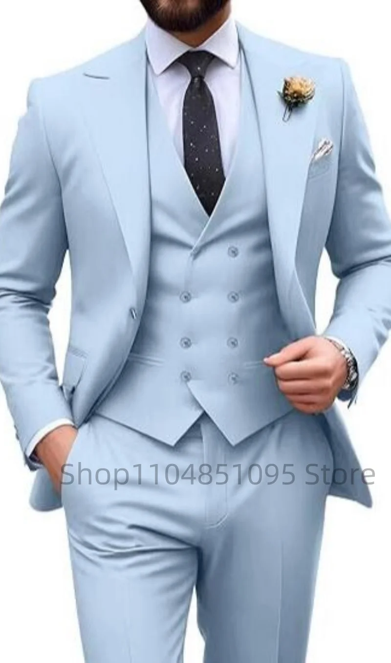 Men's Solid Color Slim Fit Formal Business Suit Wedding 3-Piece Set with Peak Lapel Blazer Vest And Trousers for Party Prom
