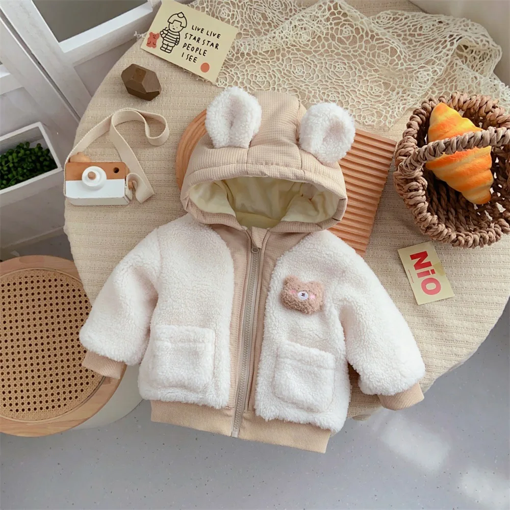 

Baby Girls Boys Winter Fleece Jackets Hooded Toddler Flannel Warm Lined Coat Kids Cartoon Cute Bear Outer Clothing