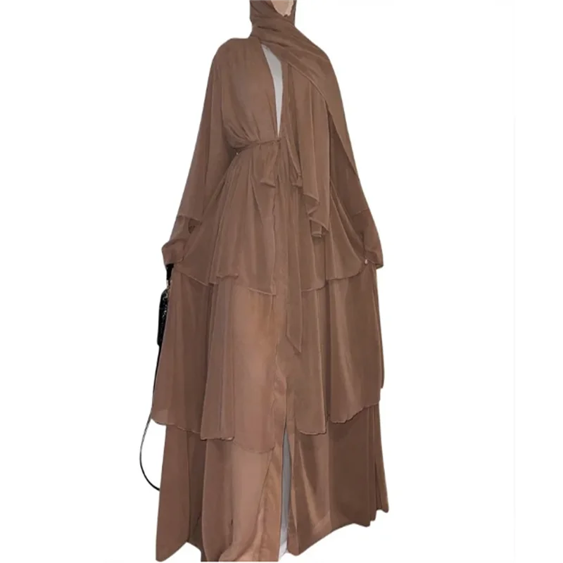 2024 summer new fashion patchwork three-layer chiffon flared sleeves flowing cardigan dress robe 3