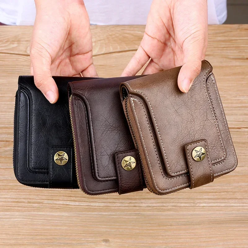Vintage Popular men's short wallets, retro trend, horizontal zipper coin purse, multi-functional card Durable Convenient Wallets — view 5