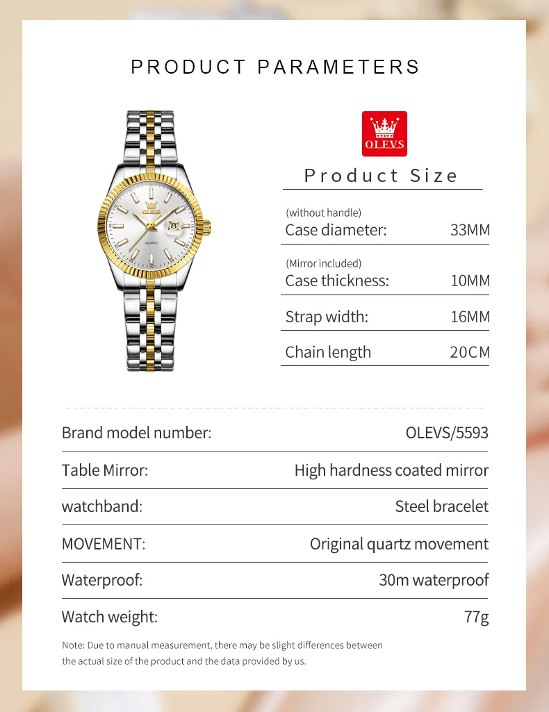 OLEVS 5593 Woman Watch Stainless Steel Waterproof Auto Date Elegant Ladies Wristwatch Luxury Original Quartz Watch for Women New 5