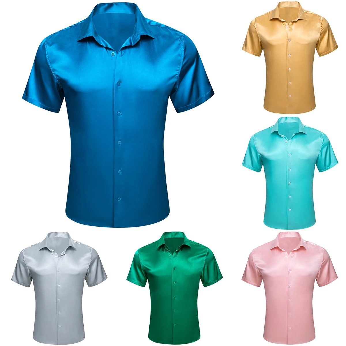 Camisas de lujo de manga corta para hombre, Tops informales de seda satinada sólida, azul, dorado, verde azulado, gris, rosa, ropa ajustada de verano, Barry Wang