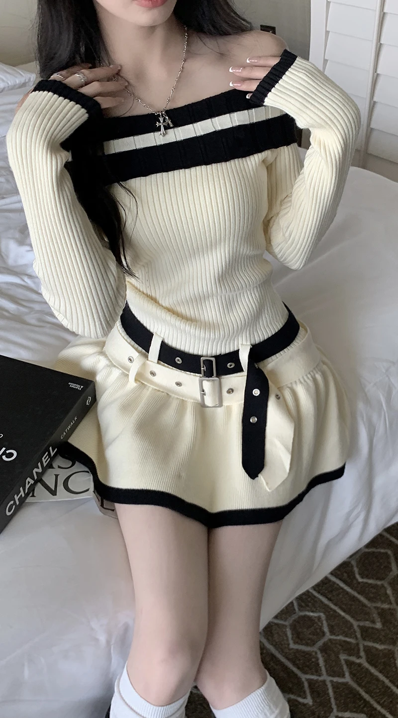 Y2K Slim Casual Knitted Mini Dresses Women Off Shoulder Elegant Korean Fashion Short Party Dress with Belt Autumn New Clothing