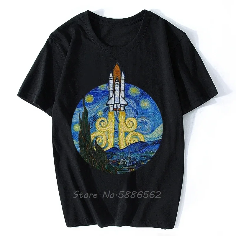 Space Shuttle Mixed Famous Van Gogh Starry Night Funny T Shirt Uomo Summer New White Casual Homme Cool Geek Tshirt