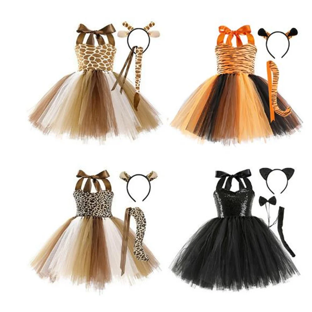 Child Halloween Dresses Leopard print Summer Girls Clothes Tutu Kids Princess Dress Birthday Party Vestidor Robe