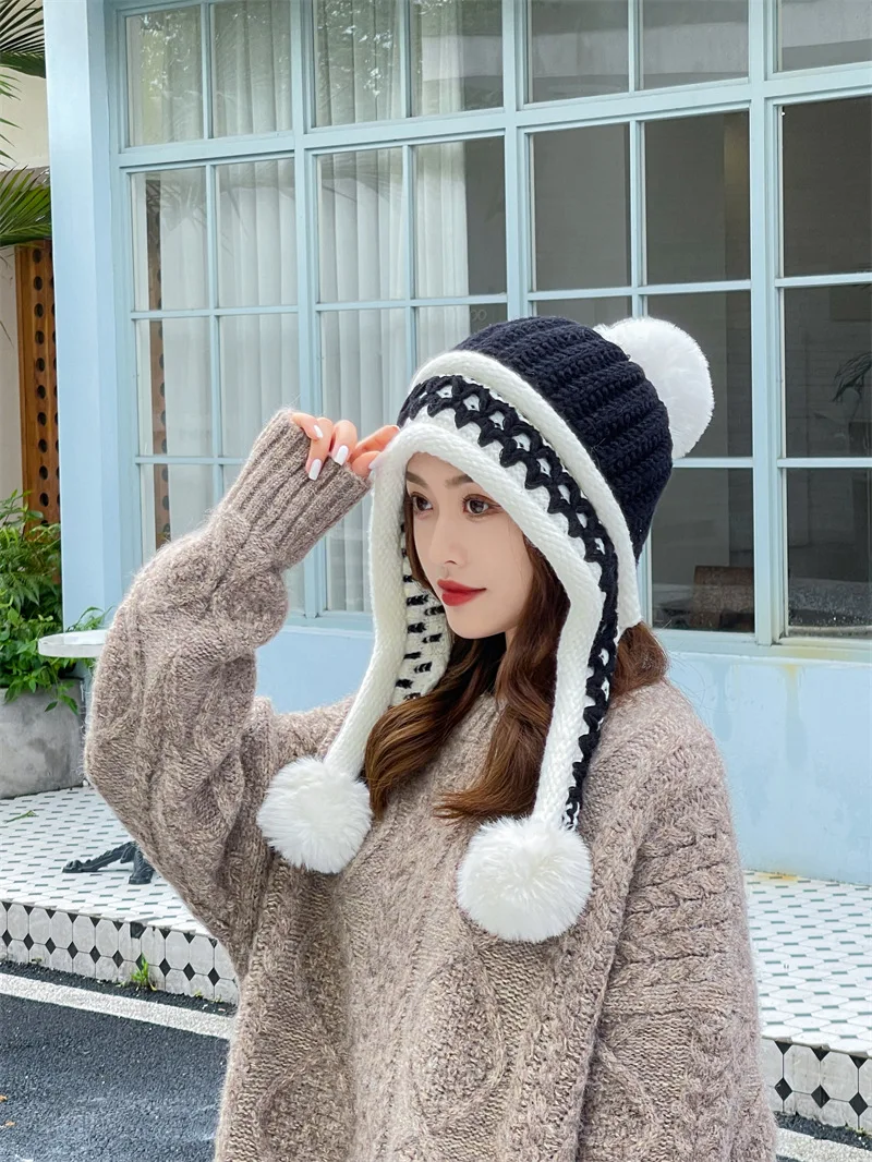 Neue Gestrickte Hut Dicke Warme Earflap Hüte Schal 2Pcs Set Fleece Gefüttert Ball Bommel Skullies Beanies Frauen Winter kaninchen Fell_voghion.com
