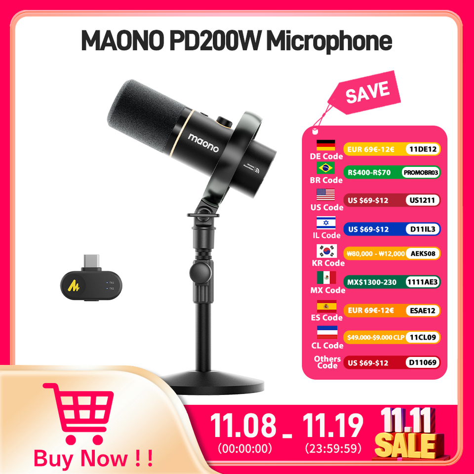 MAONO PD200W Hybrid Wireless Podcast Mic for PC/Phone/Camera,XLR/USB Dynamic Microphone for Streaming Recording Content Creation