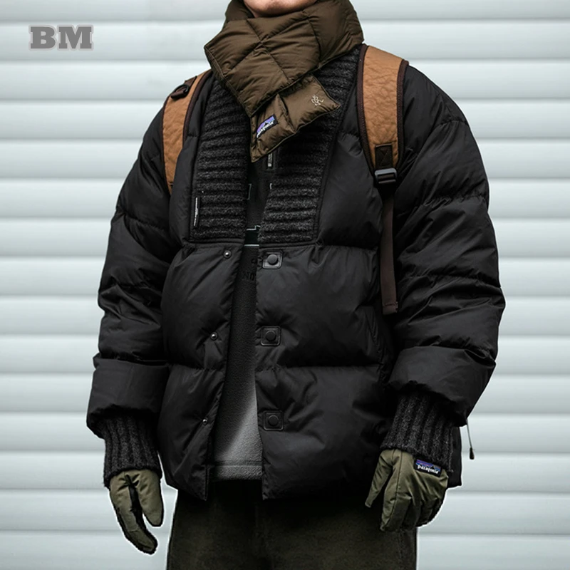 Lightweight Padded Jackets Korean Winter Jacket for Men V-Neck Knitted Splicing Puffer Coat Fashion Casual Thick Jacket Male