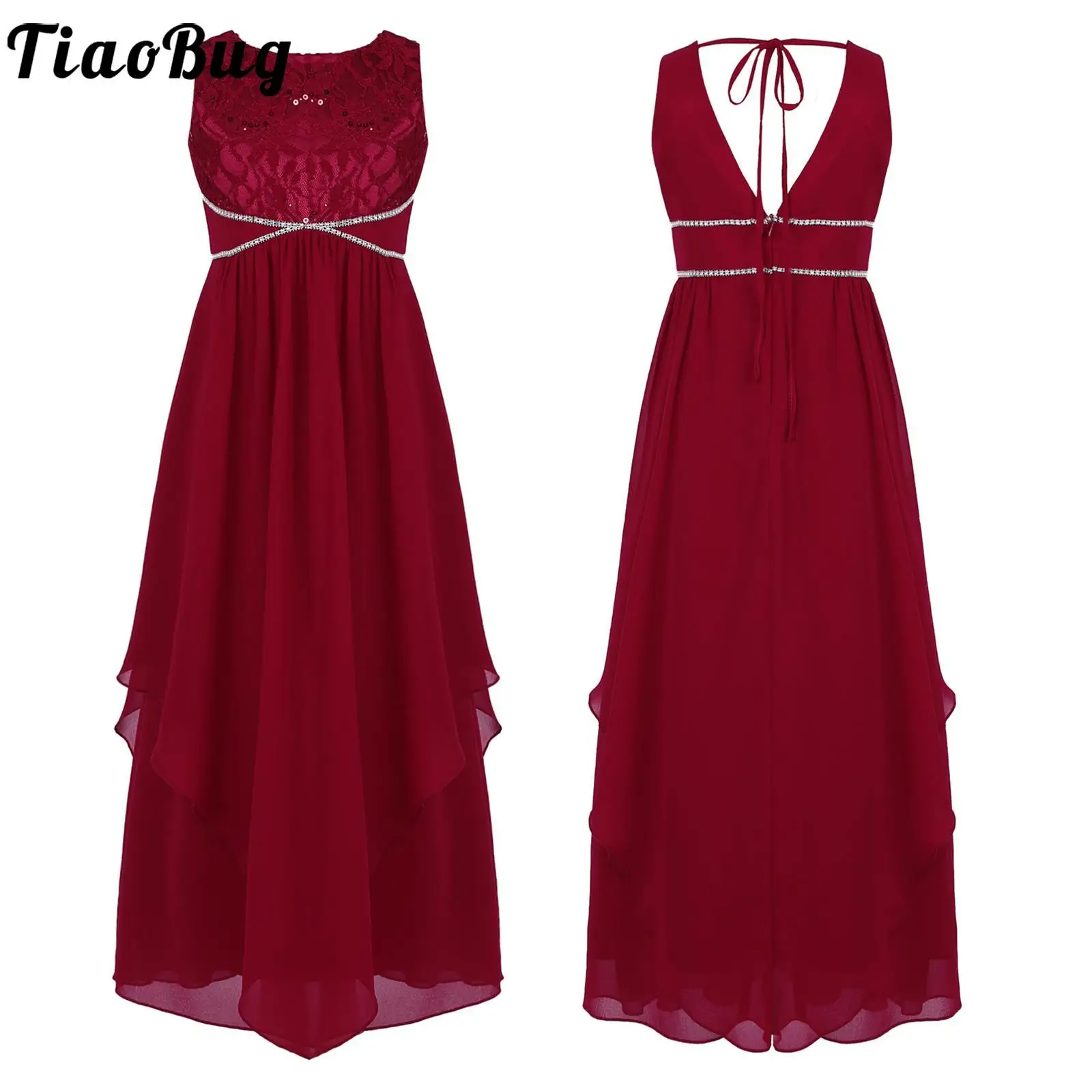 

Tiaobug Kids Girls Pure Burgundy Long Chiffon Party Dress Sleeveless Lace Bodice Shiny Decor Asymmetrical Hem Floor Length Dress