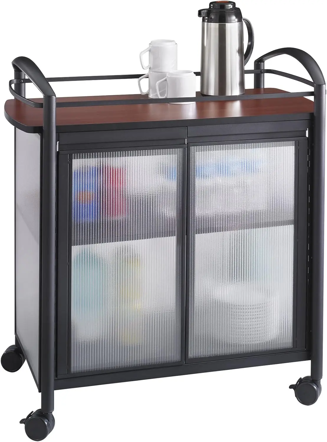 

Safco Products Impromptu Refreshment Cart 8966BL, Cherry Top, Black Frame, 200 lbs. Capacity, Double Doors, Swivel Wheels