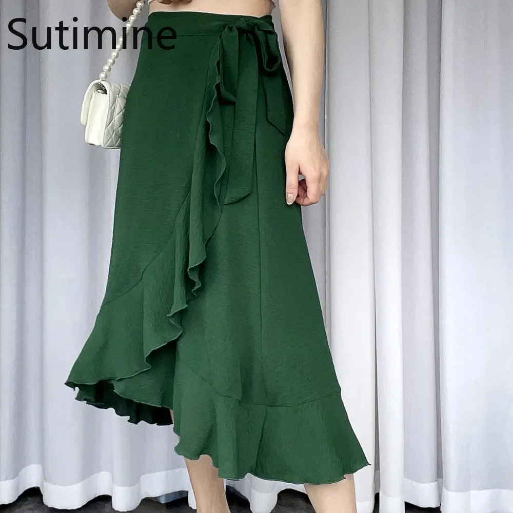 

Chic Bed Sheet Style Strap Skirt for Women Lace Up Waist Skirt Asymmetrical Design Split Ruffled Hem and Calf Length Green Skirt