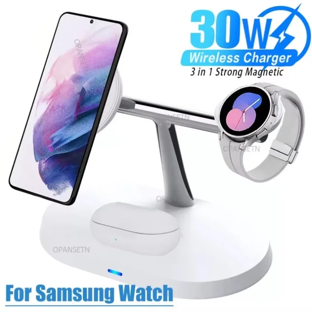 30W 3 in 1 Magnetic Wireless Charger Charging Dock Station For Samsung Galaxy S25 S24 Watch 8 7 6 5 4 3 2 Active 1 2 Earbuds