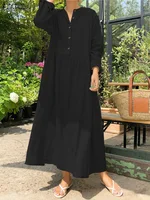 Women's Elegant Solid Cotton Robe Femme 2022 Spring Autumn Bohemian Maxi Dress ZANZEA Casual Long Sleeve Shirt Dresses Oversized - Image 3