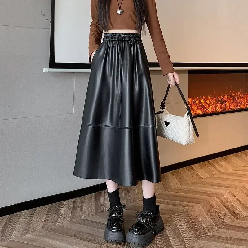 

Autumn Winter PU Leather Skirt for Women Female Casual Swing Skirt High Waist Skirt Female Fake Leather Skirts
