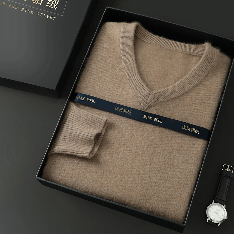 Men's 100% Mink Cashmere Large Size Sweaters Autumn Winter Solid V-neck Casual Knit Pullovers Men Long Sleeve Warm Jumper 3