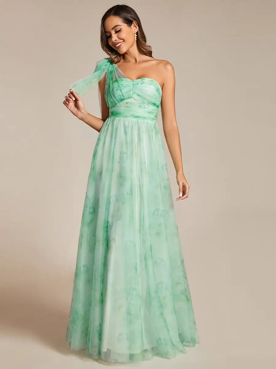 

Elegant Evening Dresses Printed Bowknot Empire Waist Strapless 2024 BAZIIINGAAA of Printed Bow Mint Green Bridesmaid Dress