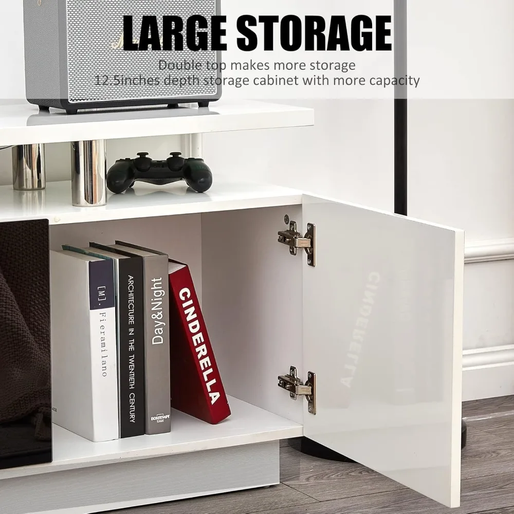 Fireplace TV Stand with 36" Fireplace,70" Modern High Gloss Fireplace Entertainment Center LED Lights, 2 Tier TV Console Cabinet 4