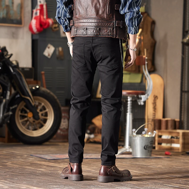 Black Jeans Men's 2024 New High-End Street Trend Slim-Fitting Cool Zipper Stitching Motorcycle Skinny Stretch Tight Trousers