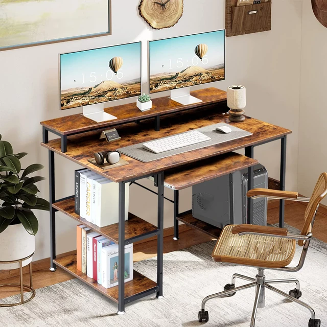 CubiCubi Small Computer Desk with Shelves 47 Inch, Home Office Desk, Study  Writing Office Table, 3 Tier Shelf, Rustic Brown