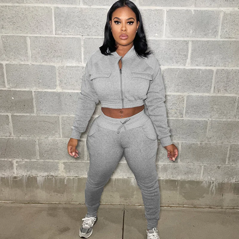 Streetwear Sweatsuits for Women Two Piece Set Zip Pocket Jacket Crop Top and Drawstring Pants Casual Sporty Fitness Jogging Suit