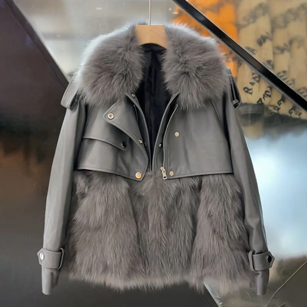 

Luxury Faux Fox Fur Coats with PU Leather Jacket for Women Short Motorcycle Outwear 2023 Winter Moto Bike Jacket Warm Fur Coat
