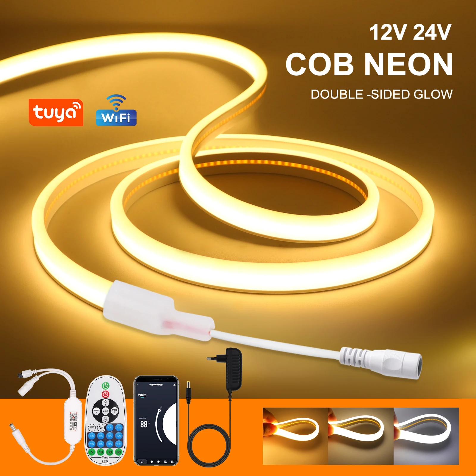 12V 24V WIFI Dimmerable COB Neon Strip 320Leds IP67 Waterproof Home Decor 3000K 4000K 6000K Flexible Ribbon Rope LED Light