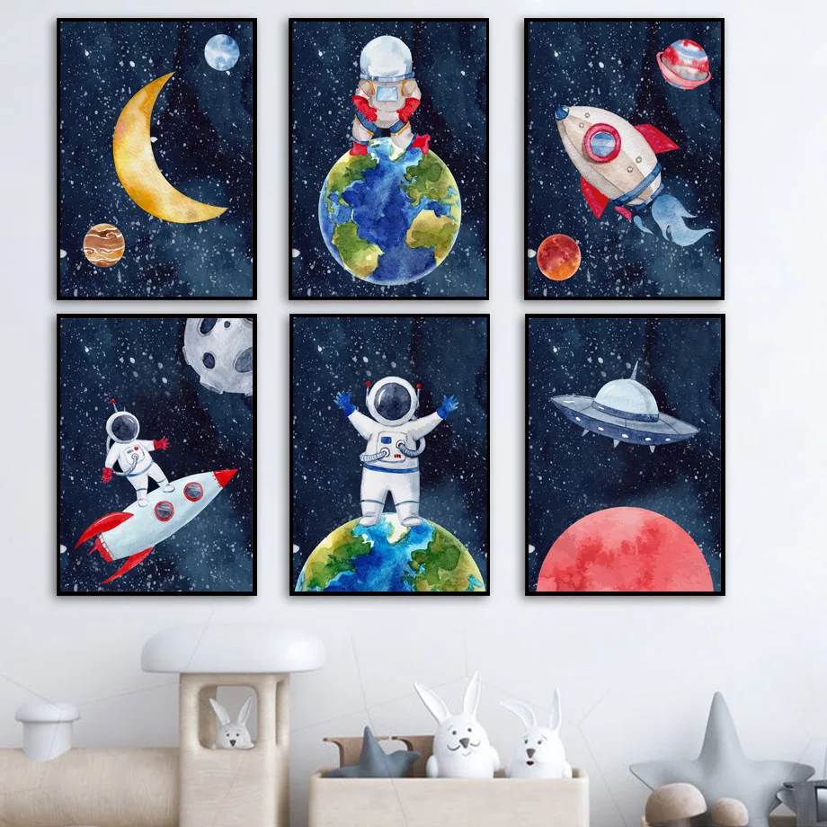 

Space astronaut rocket Planet UFO Nursery Wall Art Canvas Painting Nordic Posters And Prints Wall Pictures Baby Kids room Decor