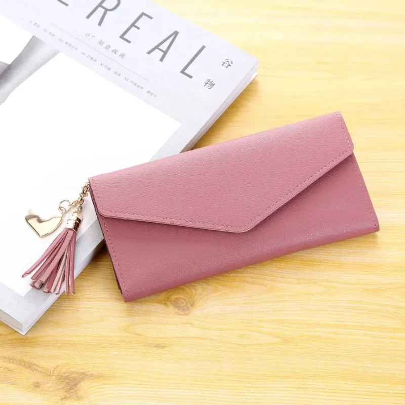 

2023New Women's Purse Solid Color Simple Long Fringe Wallets for Women 2 Fold Large Capacity PU Leather Soft Side Women's Wallet