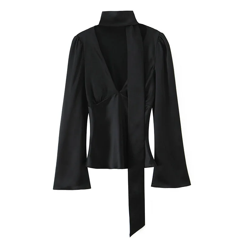 New Scarf V neck Blouse Women 2025 Women's Black Satin Elegant Long Sleeve Casual Short Shirts And Blouses Top ﻿