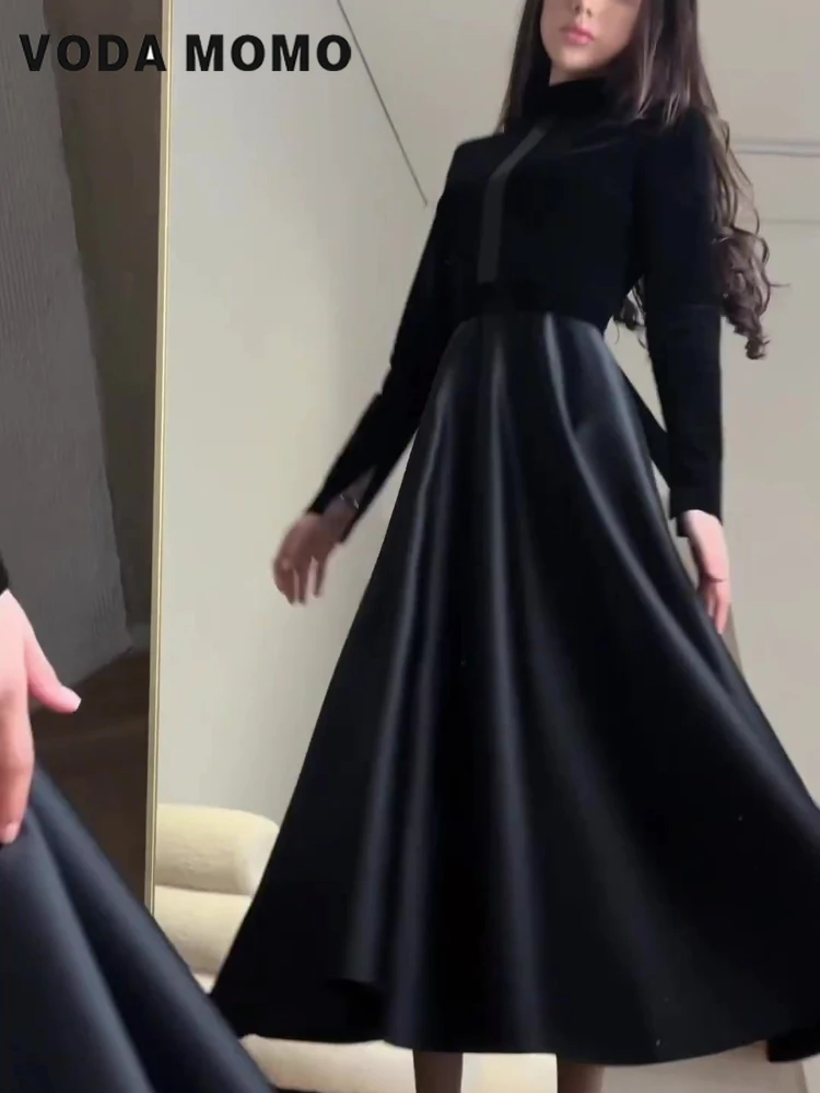 

Elegant Dresses Slim Spring Autumn Evening Dresses Female Solid Velvet Dress Ladies Waisted Long Round-Neck Clothes for Women