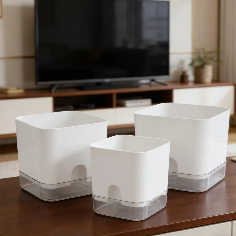 White Self-Watering Square Flowerpot for Indoor and Outdoor Decor