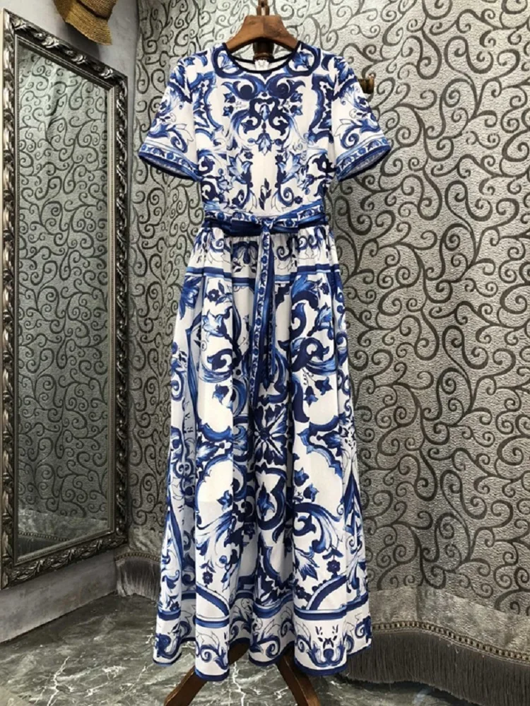 

Newest Fashion Long Dress 2022 Summer Party Women O-Neck Vintage Porcelain Prints Belted Short Sleeve Casual Maxi Dress Beach