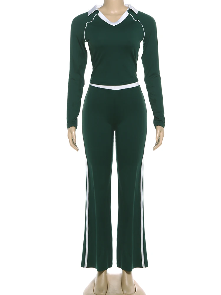 Nibber Sporty Simple Contrast Patchwork 2 Piece Set Woman V-Neck Full Sleeve Tops+Skinny Long Pants Casual Style Classic Outfits