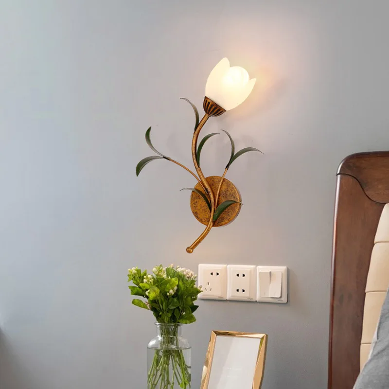 LED Wall Lamp Nordic Bedside Bedroom Iron Flower Wall Lights village Lighting rural New Home Decors Sconces Glass Lampshade