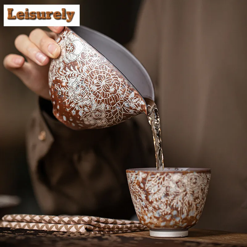 170ml Retro Gilded Silver Flower Tea Pitcher Ancient Old Rock Mud Coarse Pottery Chahai Coffee Justice Cup Tea Services Supplies