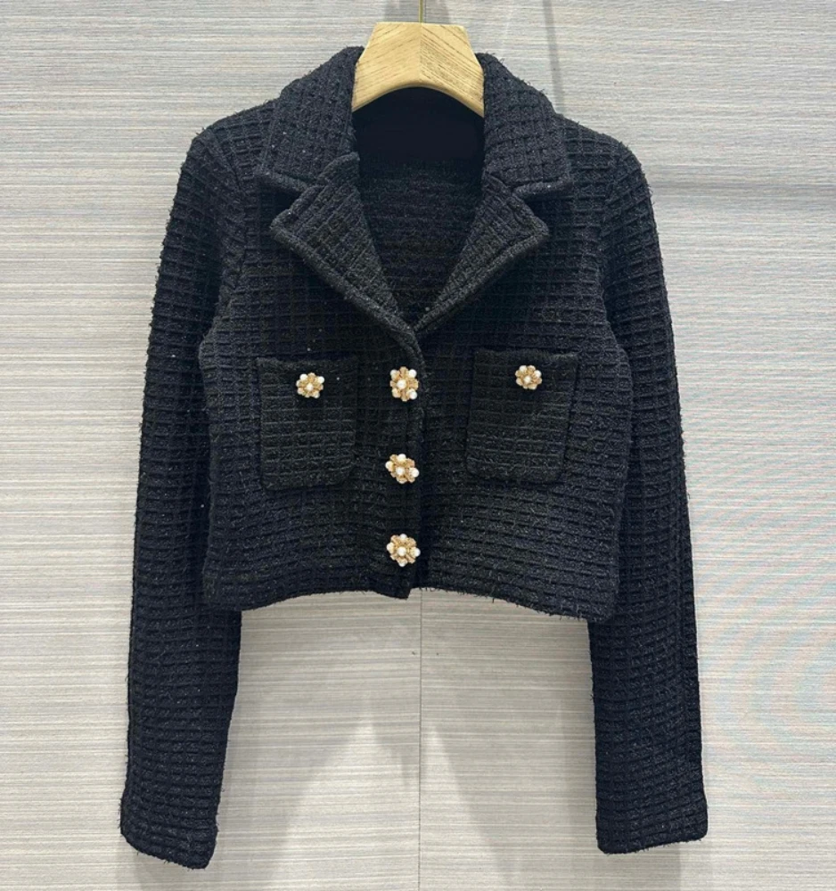 Korean Style Autumn Chic Women High Quality Short Coat Elegant  Buttons Pockets Tweed Jackets C500