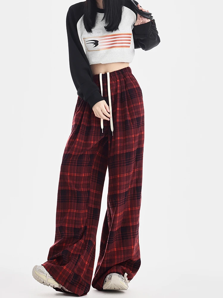 Women's Trousers Fashionable Loose Casual Red Plaid Straight Autumn Winter Fleece-Lined Warm High Slimming Wide Leg Plaid Pants