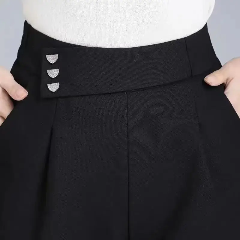Summer New Women's Solid Color Elastic High-waisted Sequined Pockets Wide Leg Pants Commute Fashion Loose Straight Casual Shorts