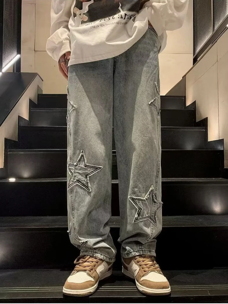 Star Embroidery Straight Casual Men Jeans Neutral Wide Leg Loose Hip-hop Fashion Youth Streetwear Denim Trousers Y2K pants men 6