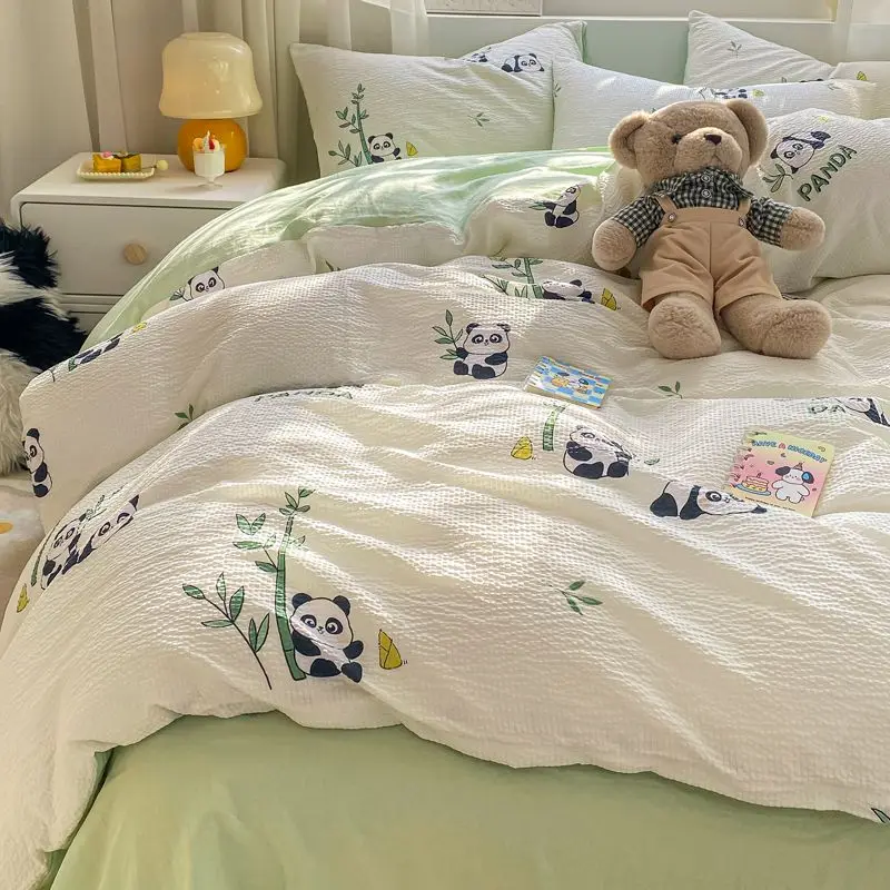 Cartoon Cat Panda Bedding Set INS Korean Flower Duvet Cover Pillowcase Sheet Cute Bedclothes for Kids Boys Girls Bed Linen 2